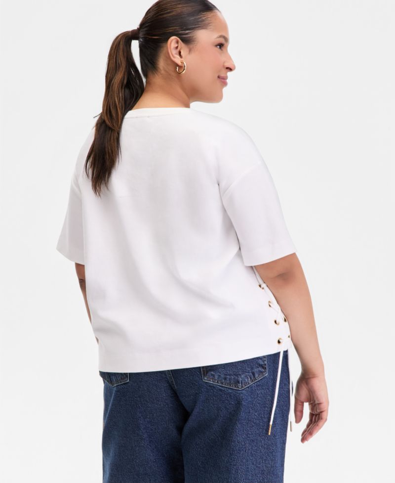 Plus Size Lace-Up-Side Cotton T-Shirt