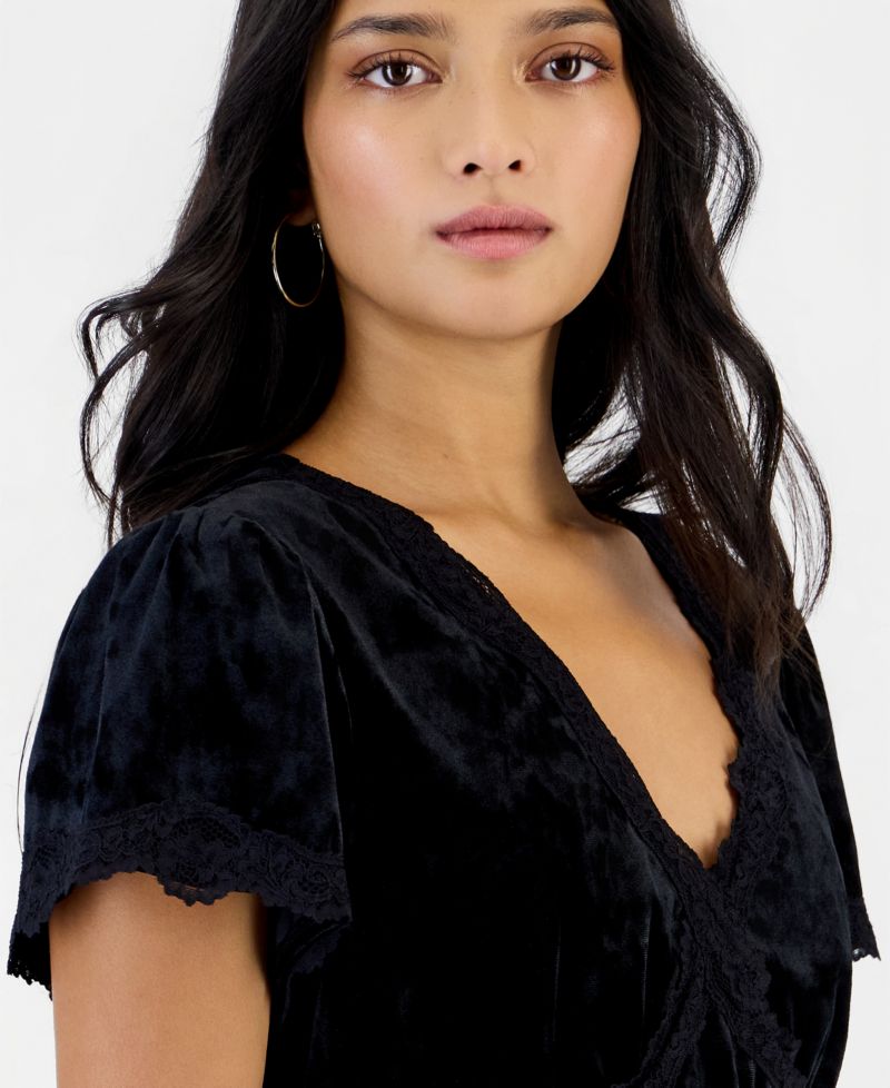 Petite Velvet Lace-Trim V-Neck Short-Sleeve Blouse