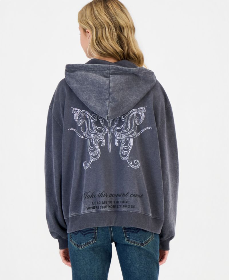 Juniors' Full-Zip Rhinestone-Embellished Fleece Hoodie