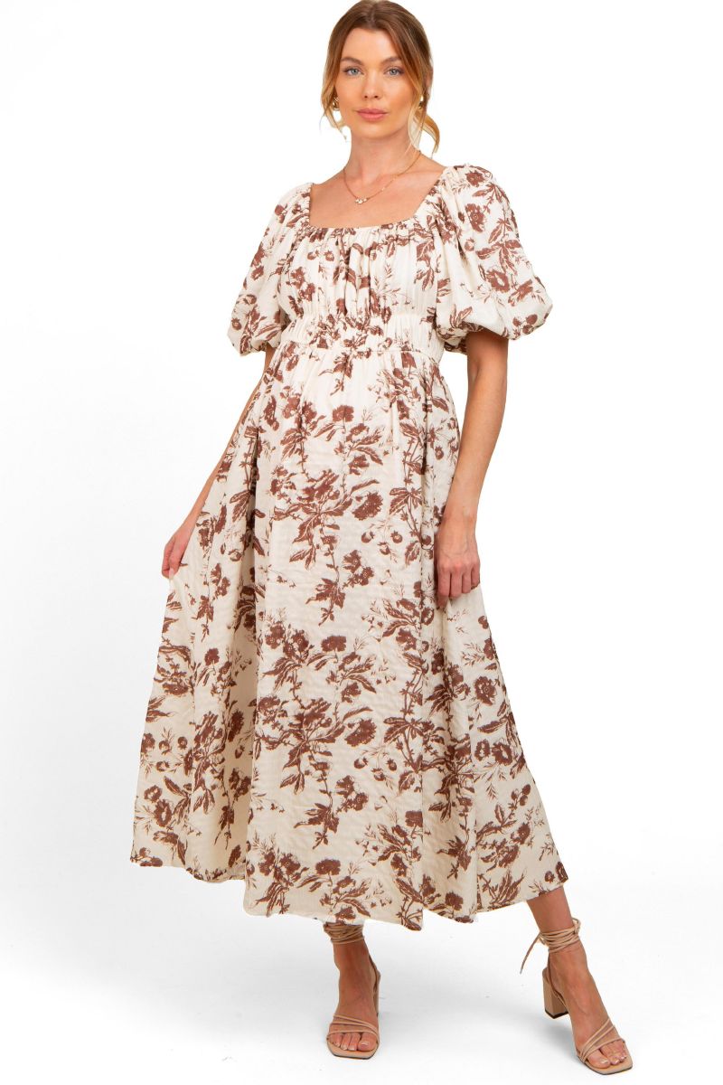 Women's Blue Floral Puff Sleeve Midi Dress