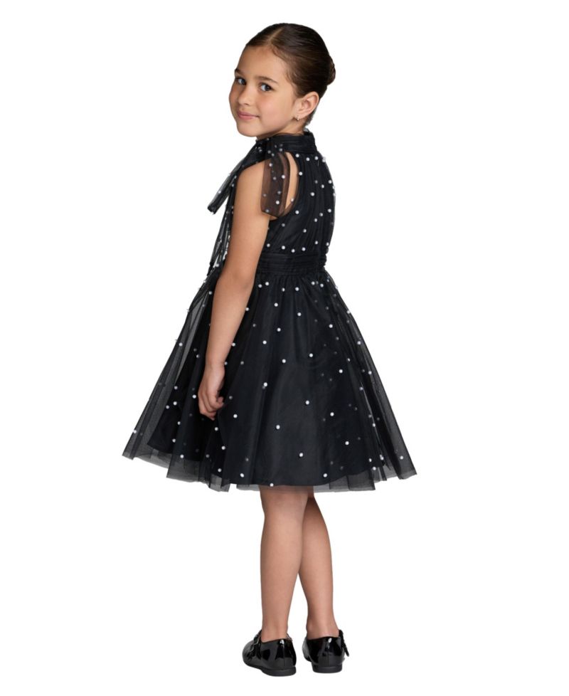 Little Girls Pearl Embellished Tulle Fit and Flare Dress