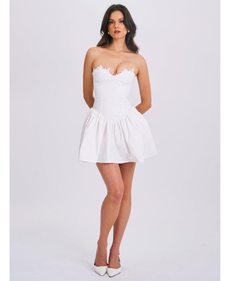 Women's Sacha White Lace Drop Waist Corset Puffy Mini Dress