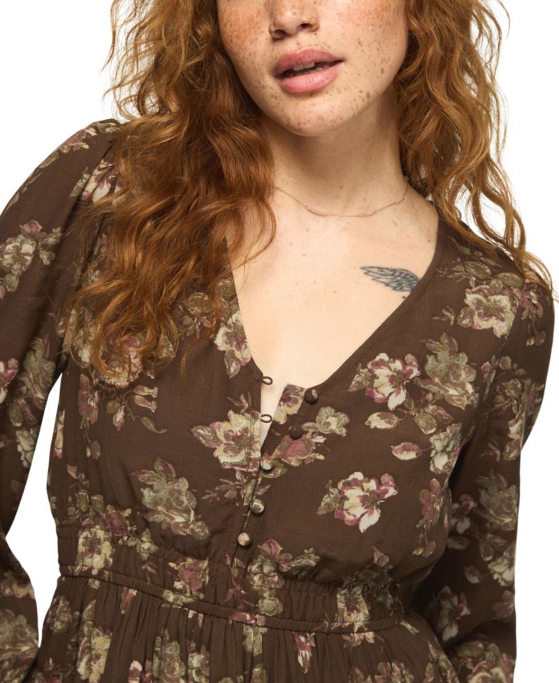 Women's Long-Sleeve Smocked-Waist Floral Mini Dress