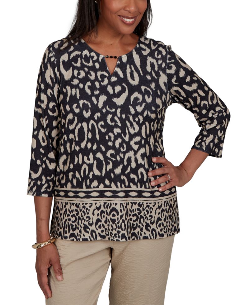 Women's Travel Advisory Animal Print Split Neck Knit Top