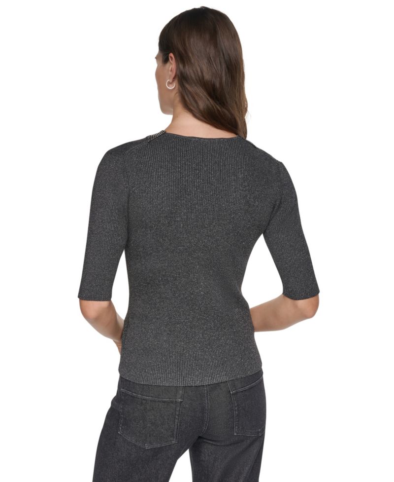Women's Embellished Lurex V-Neck Sweater