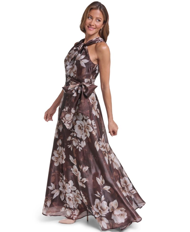 Women's Twist Neck Ballgown Floral Halter Wedding Guest Gown