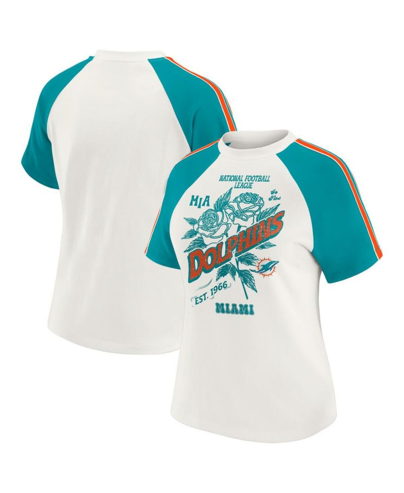 Women's White Miami Dolphins Sleeve Stripe Distressed Raglan T-Shirt
