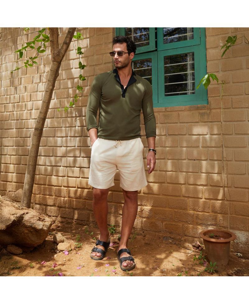 Men's Olive Green Obsidian Black Textured Cuban Polo T-Shirt