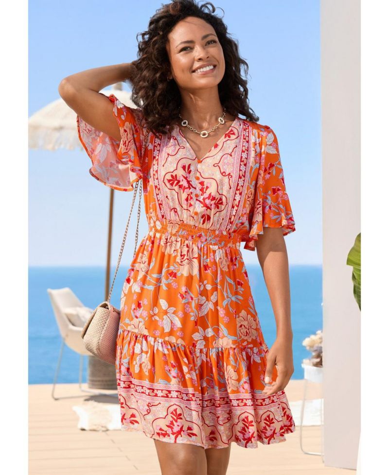 Women's Floral-Print Tiered A-Line Short-Sleeve Dress