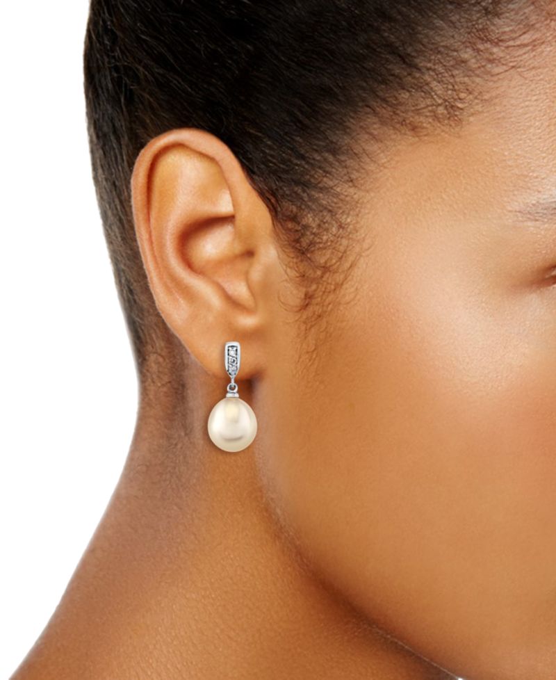 Cultured Freshwater Pearl (9mm) & Diamond Accent Drop Earrings in 14k White Gold