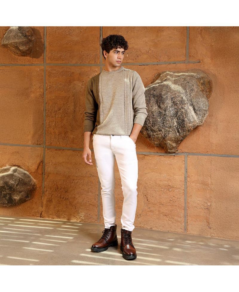Men's Sand Beige Textured-Jacquard Knit Pullover Sweater
