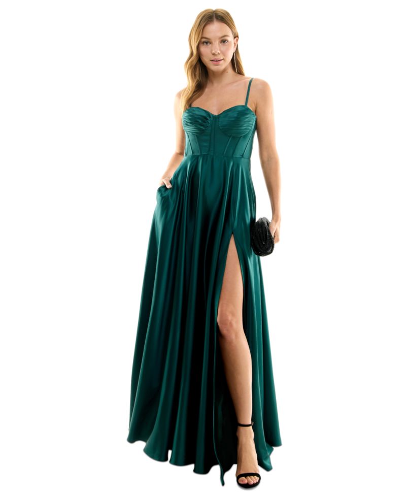 Juniors' Corset High-Slit Gown