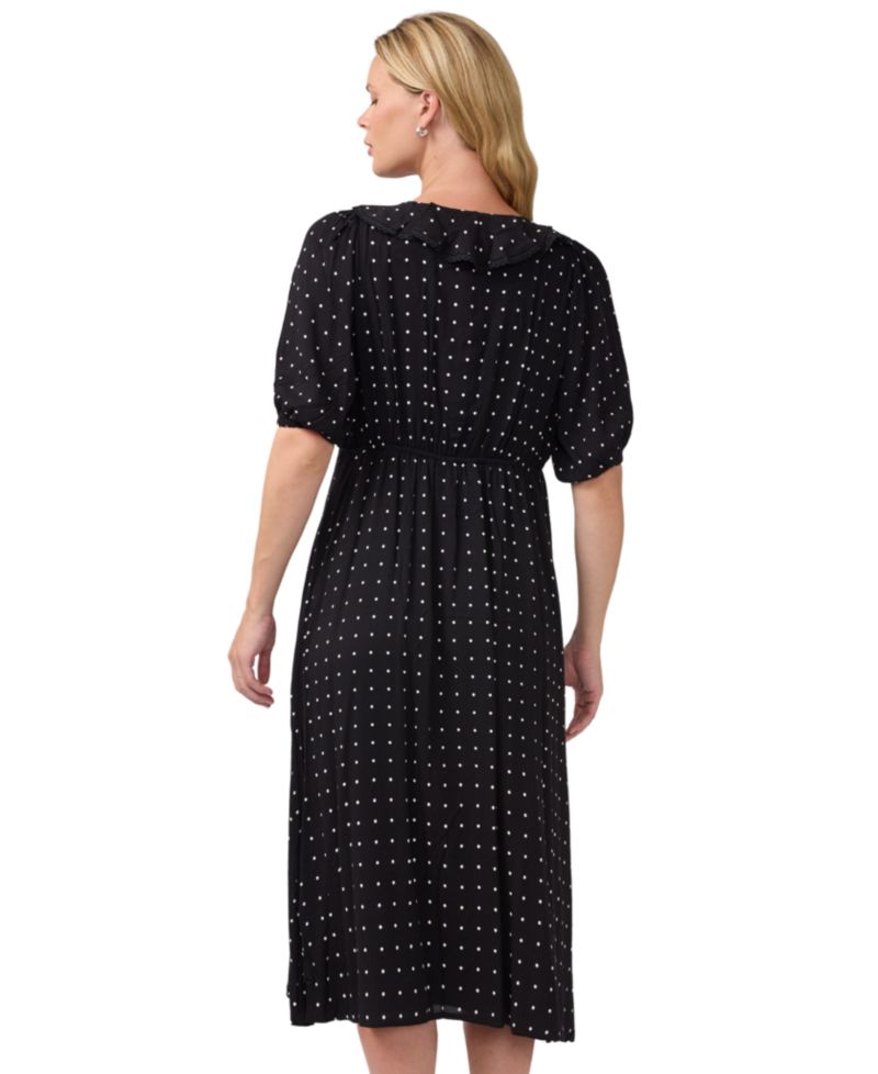 Maternity Polka-Dot Ruffle V-Neck Puff-Sleeve Midi Dress