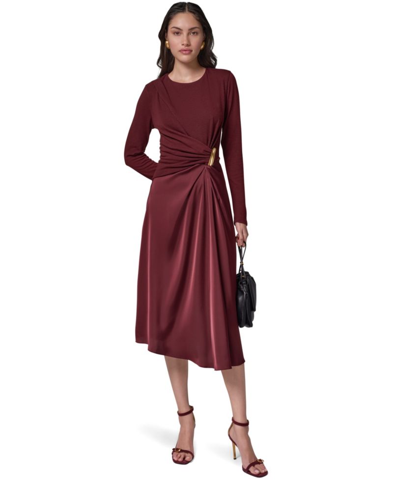 Women's Long Sleeve Waist Long-Sleeve Fit-and-Flare Midi Dress