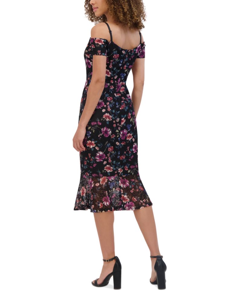 Women's Off-the-Shoulder Printed Floral Lace Midi Dress