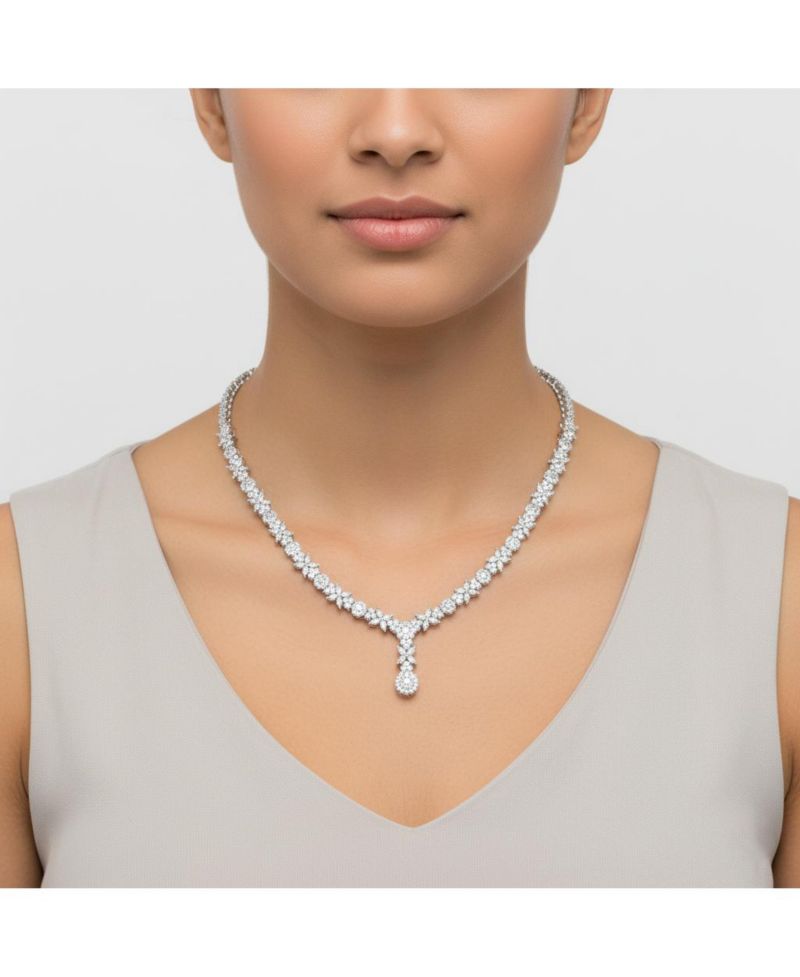 Elegant White Gold Plated Floral Cluster CZ Statement Necklace