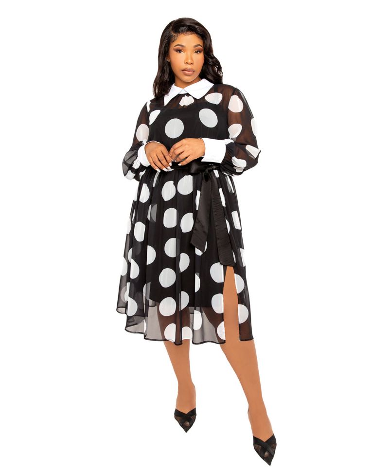 Plus Size Contrast Collar Polka Dot Shirt Dress