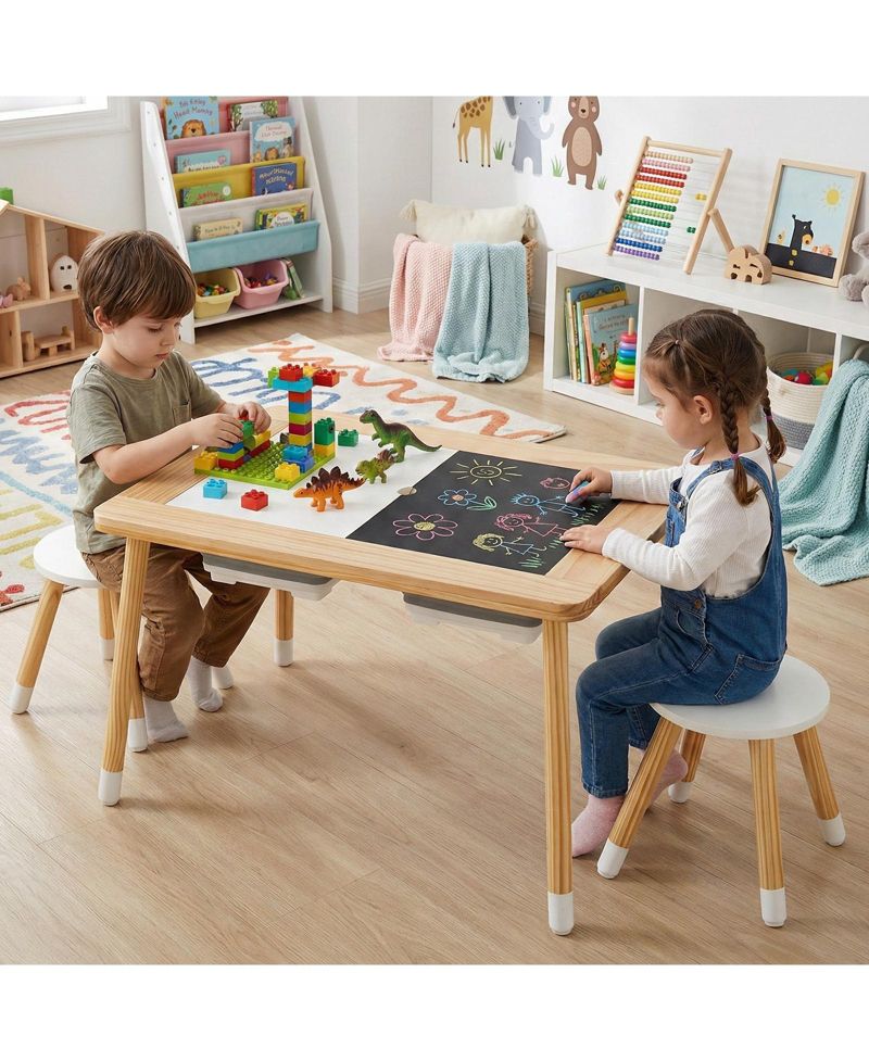Wooden Kids Activity Table with Double-Sided Boards and Stools