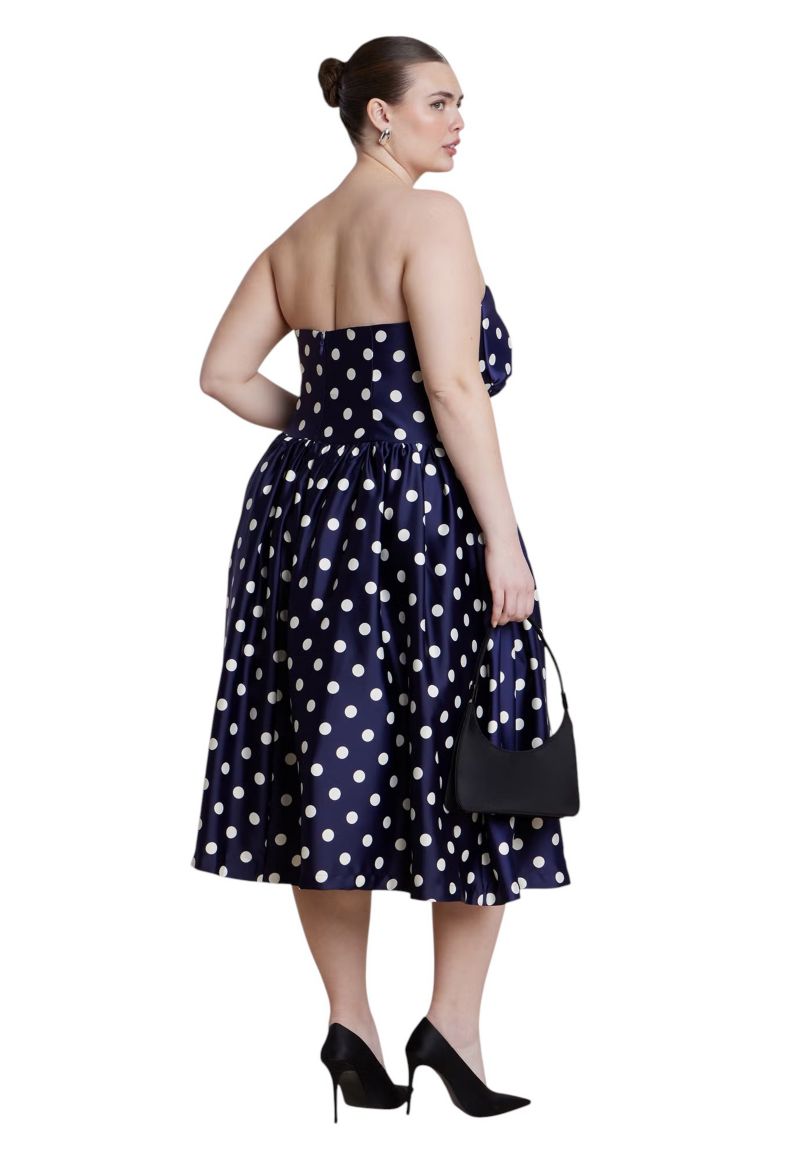 Women's Strapless Polka Dot Flare Midi Dress