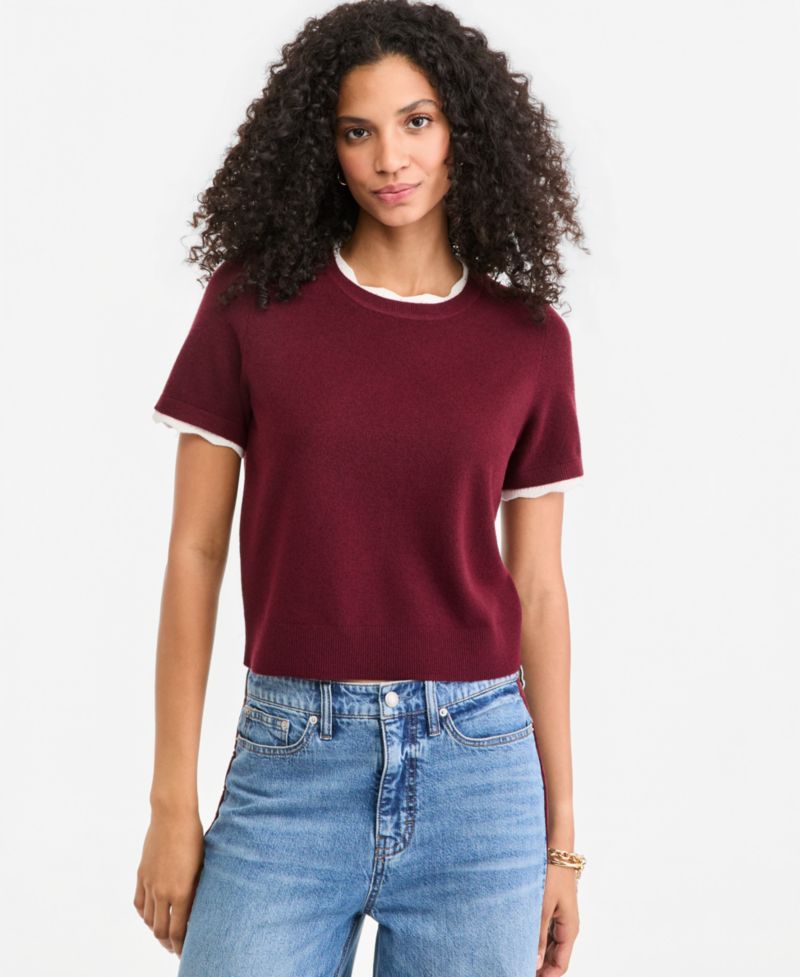 Women's Short-Sleeve Scallop-Trim Sweater