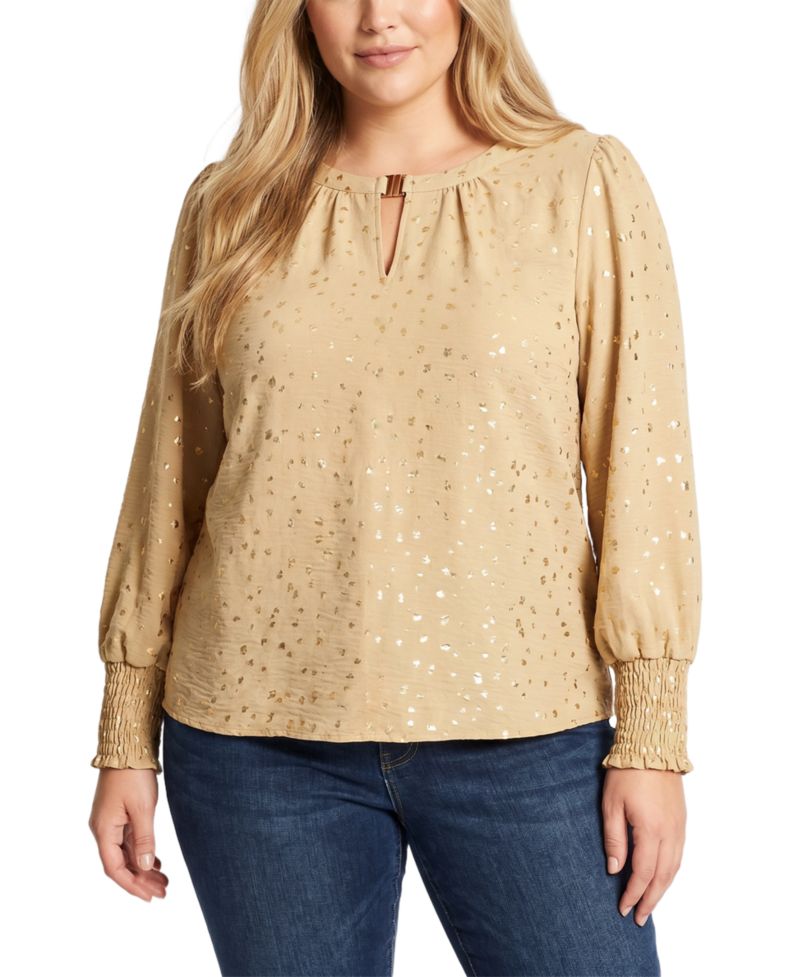 Plus Size Metallic-Dot Long-Sleeve Smocked-Cuff Blouse
