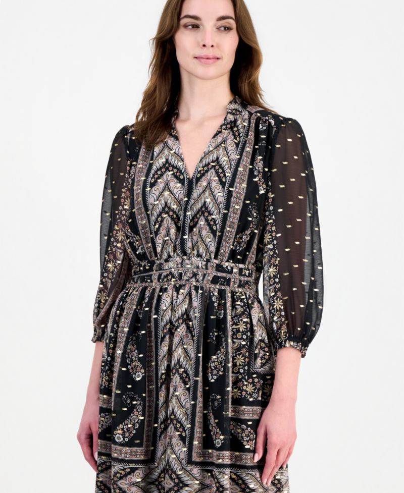 Women's Long-Sleeve V-Neck Smocked Ruffle Midi Dress