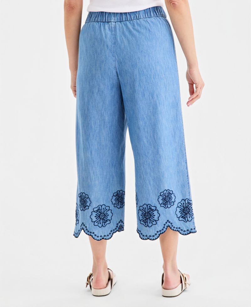 Women's Cotton Chambray Embroidered-Hem Capri Pants