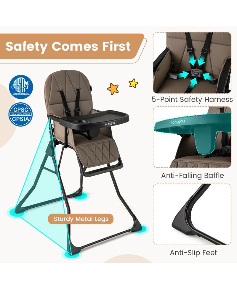 Compact Baby High Chair with Removable Tray and PU Cushion