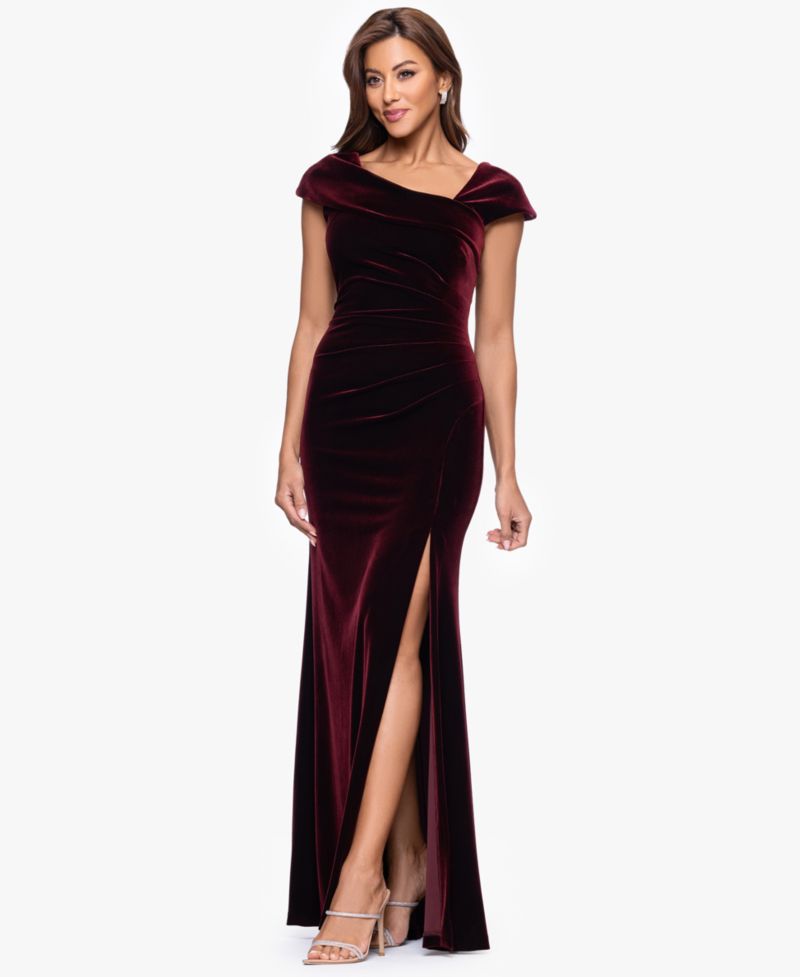 Women's Asymmetrical Neck Cap Sleeve Velvet Dress