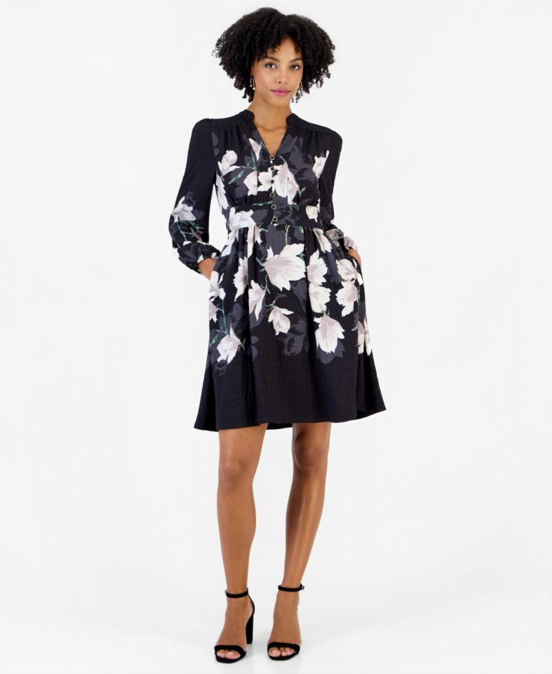 Women's Long-Sleeve V-Neck Floral-Print Shirt Dress