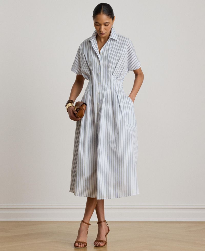 Women's Point Collar Striped Pleated Broadcloth Shirt-Dress