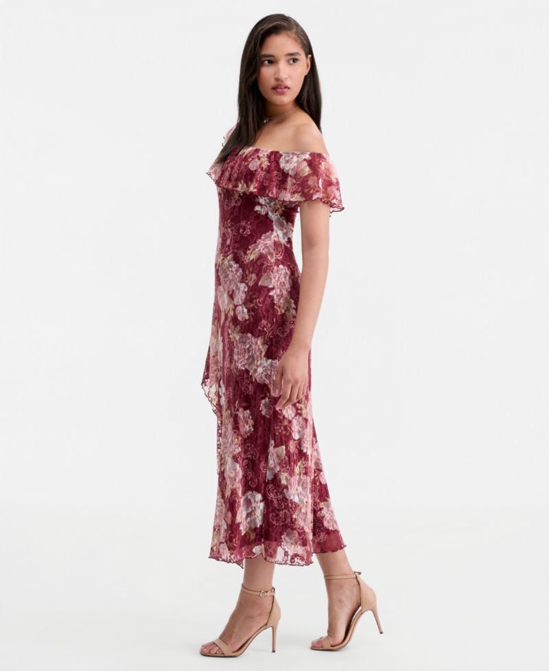 Juniors' Floral Printed Lace One-Shoulder Ruffle Midi Dress
