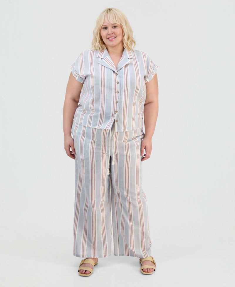 Trendy Plus Size Cap-Sleeve Shirt & Drawstring Pants Set