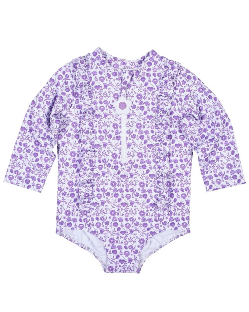 Baby Girl Floral Print One Piece Rashguard with Ruffles