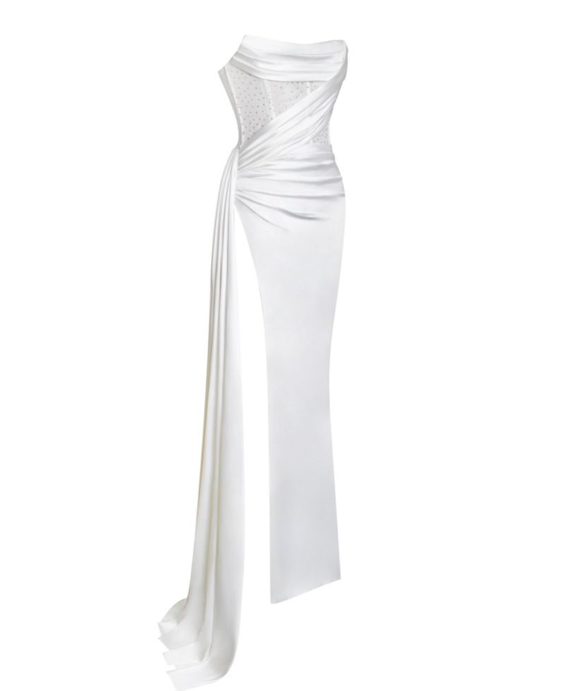 Women Holly White Crystallized Corset High Slit Satin Gown