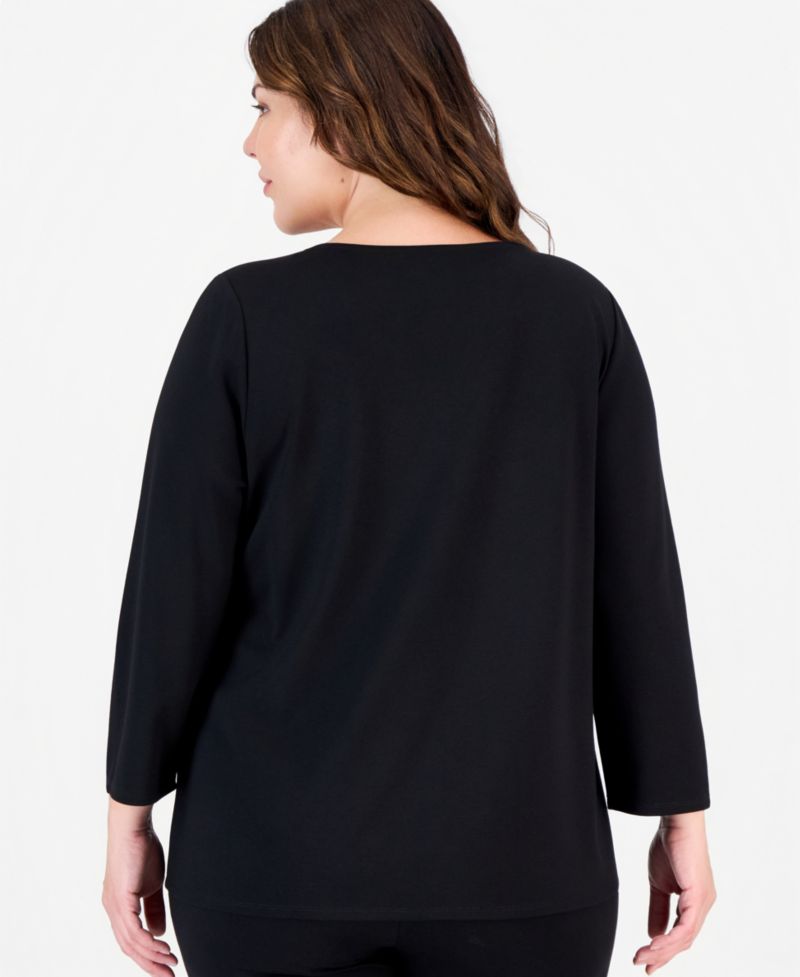 Plus Size Asymmetrical Button Serenity Knit 3/4-Sleeve Boat-Neck Tunic