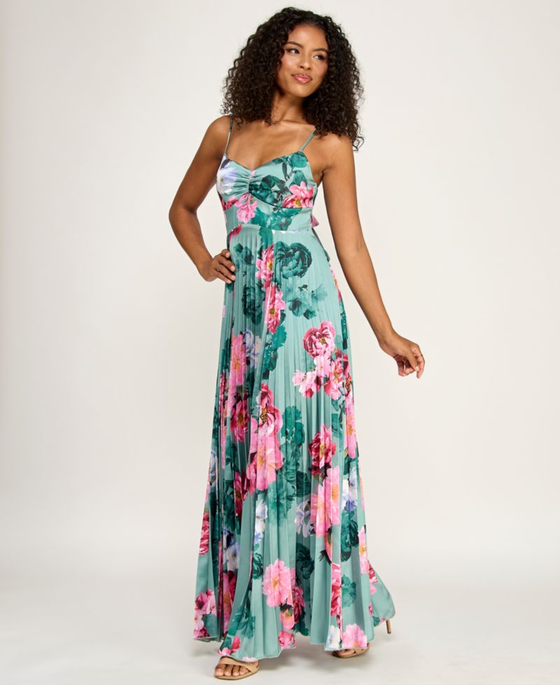 Juniors' Floral Tie-Back Pleated Dress