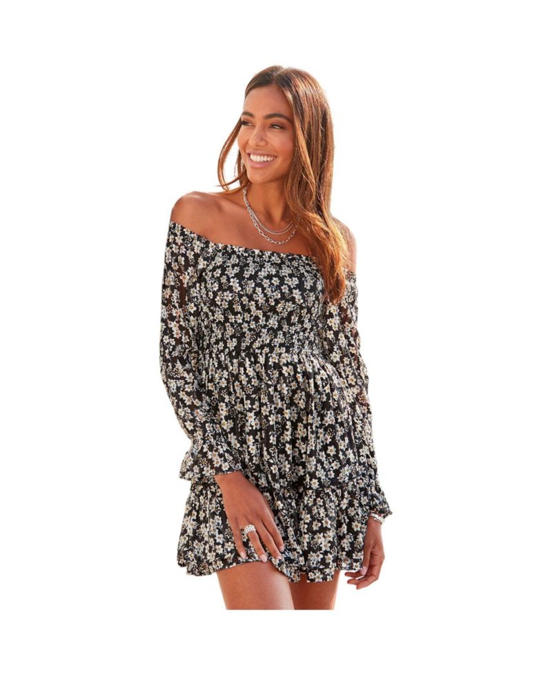 Women's Floral Print Off Shoulder Lace Ruffle-Trim Short Dress