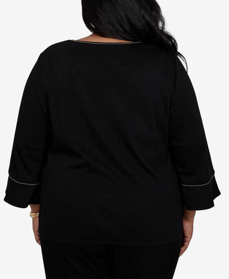 Plus Size Travel Advisory 3/4-Sleeve Crewneck Embroidered Top