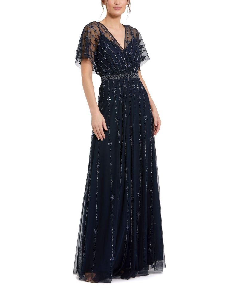 Women's V Neck Embellished Flutter Sleeve A Line Gown