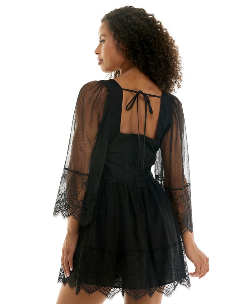 Juniors' Pin Dot Mesh Lace Babydoll Mini Dress