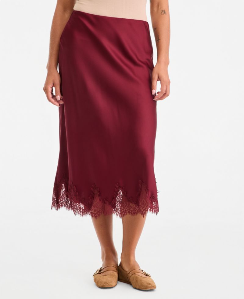 Women's High-Waisted Midi Lace-Trim Skirt