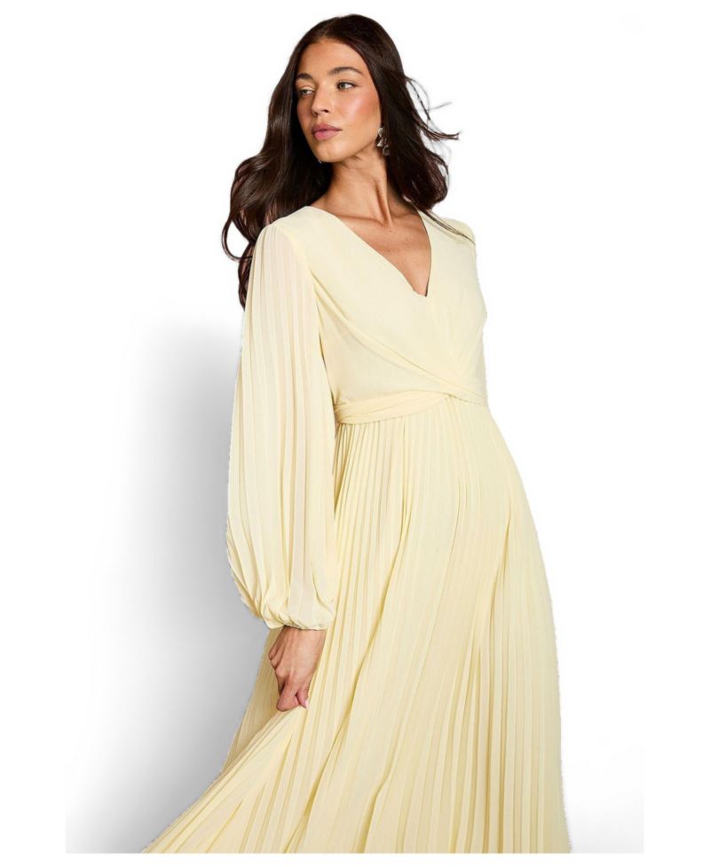 Women's Pleated Wrap V-Neck Maxi Dress