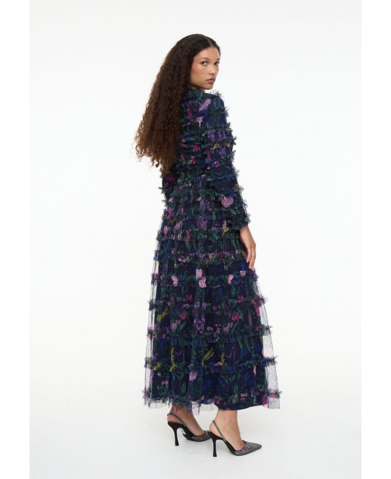 Women's Modest Floral Ruffle High Neck Maxi Dress