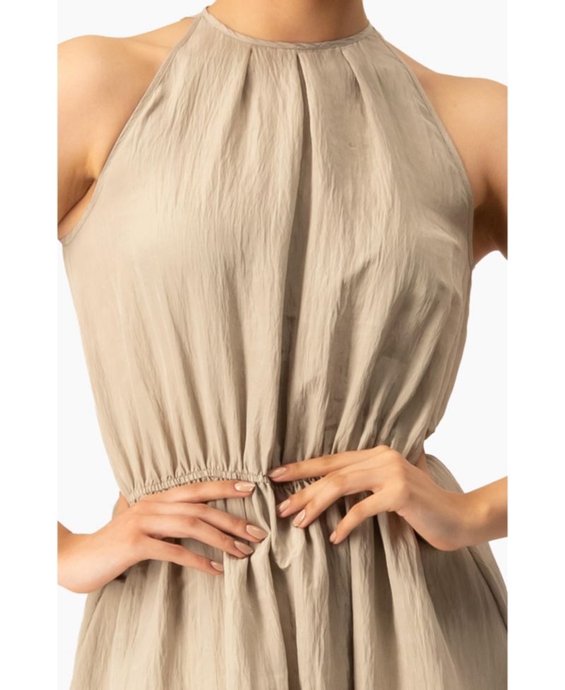 Sleeveless Crinkle Halter Maxi Dress with Cinched Waist A-Line
