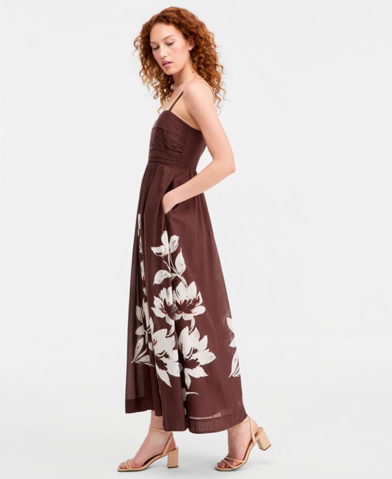Women's Pleated-Bodice Printed Cotton Maxi Dress