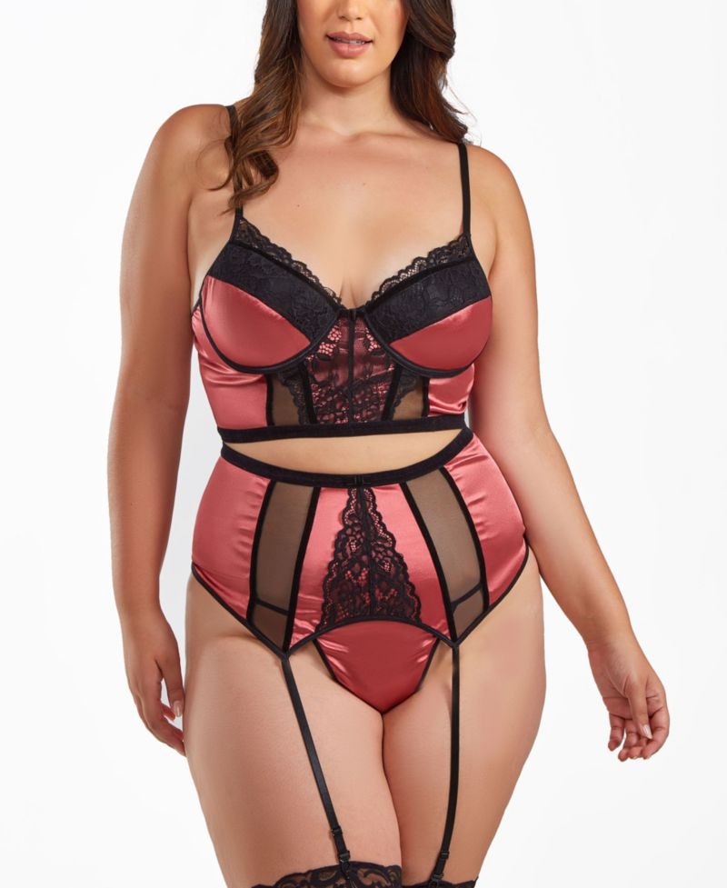 Plus Size 3-Piece Underwire Padded Bra, Garter Skirt and Thong Satin Lingerie Set