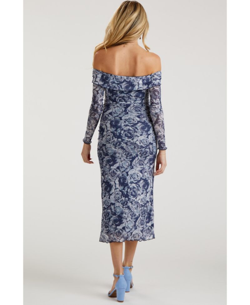 Women's Floral Off Shoulder Mesh Knit Midi Dress