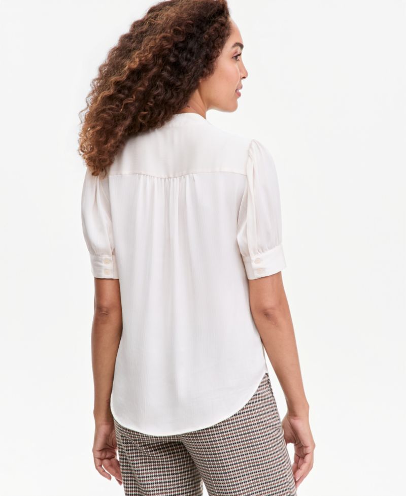 Petite Short Puff-Sleeve Y-Neck Blouse