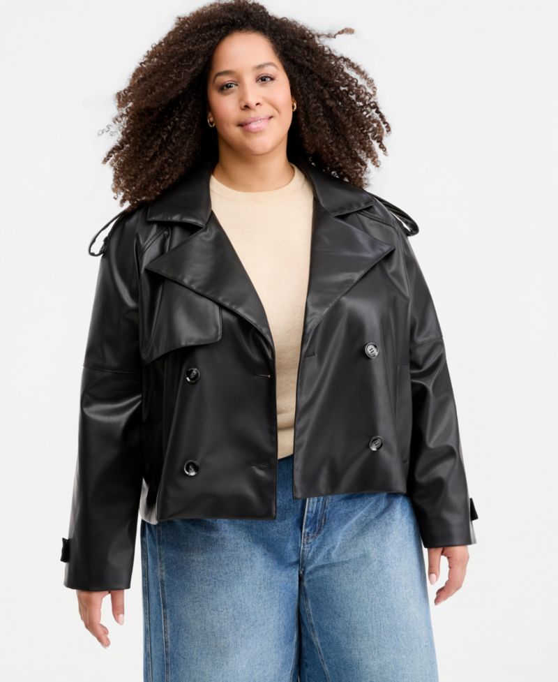 Trendy Plus Size Cropped Double-Breasted Faux-Leather Trench Coat